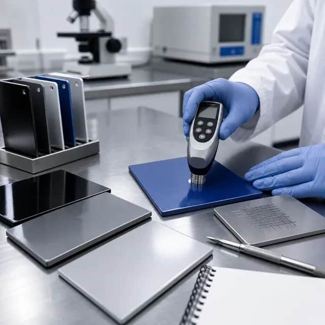 Powder coating quality testing with coated panels and inspection instruments