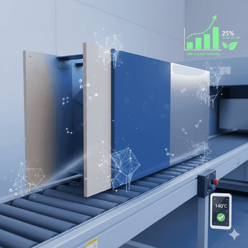 Robotic arm applying low temperature cure powder coating to MDF furniture