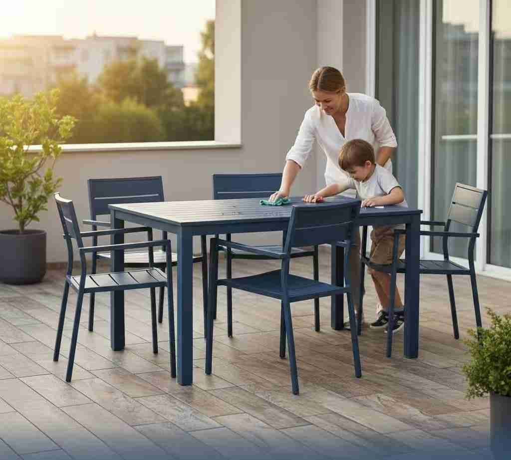 A woman and child easily cleaning durable powder coating metal furniture on a sunny patio.