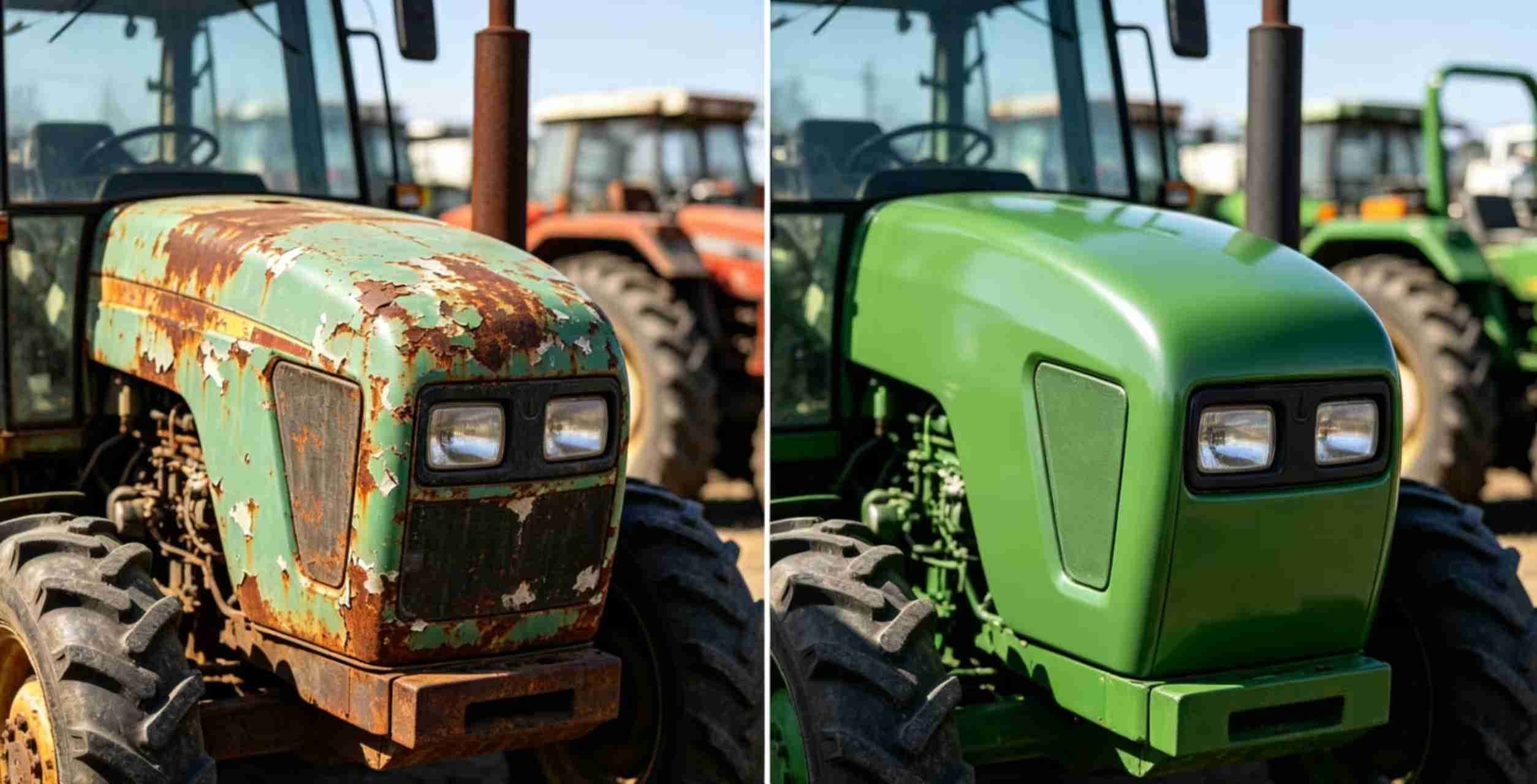 Before and after comparison of a farm tractor showing rusted, peeling paint versus a fully restored, glossy green powder-coated finish
