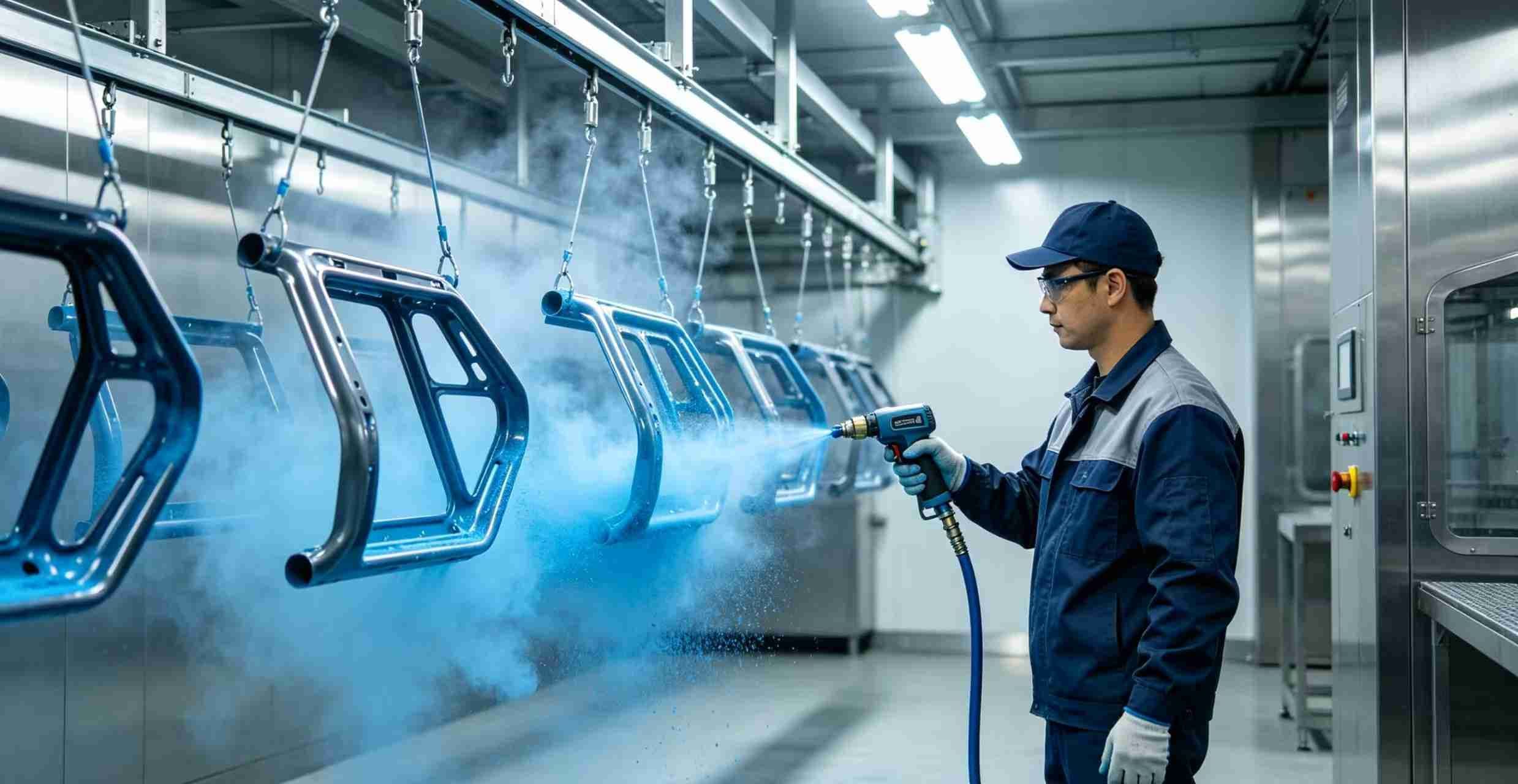 Industrial technician adjusting an electrostatic spray gun during DAMEI powder coating application in a modern factory