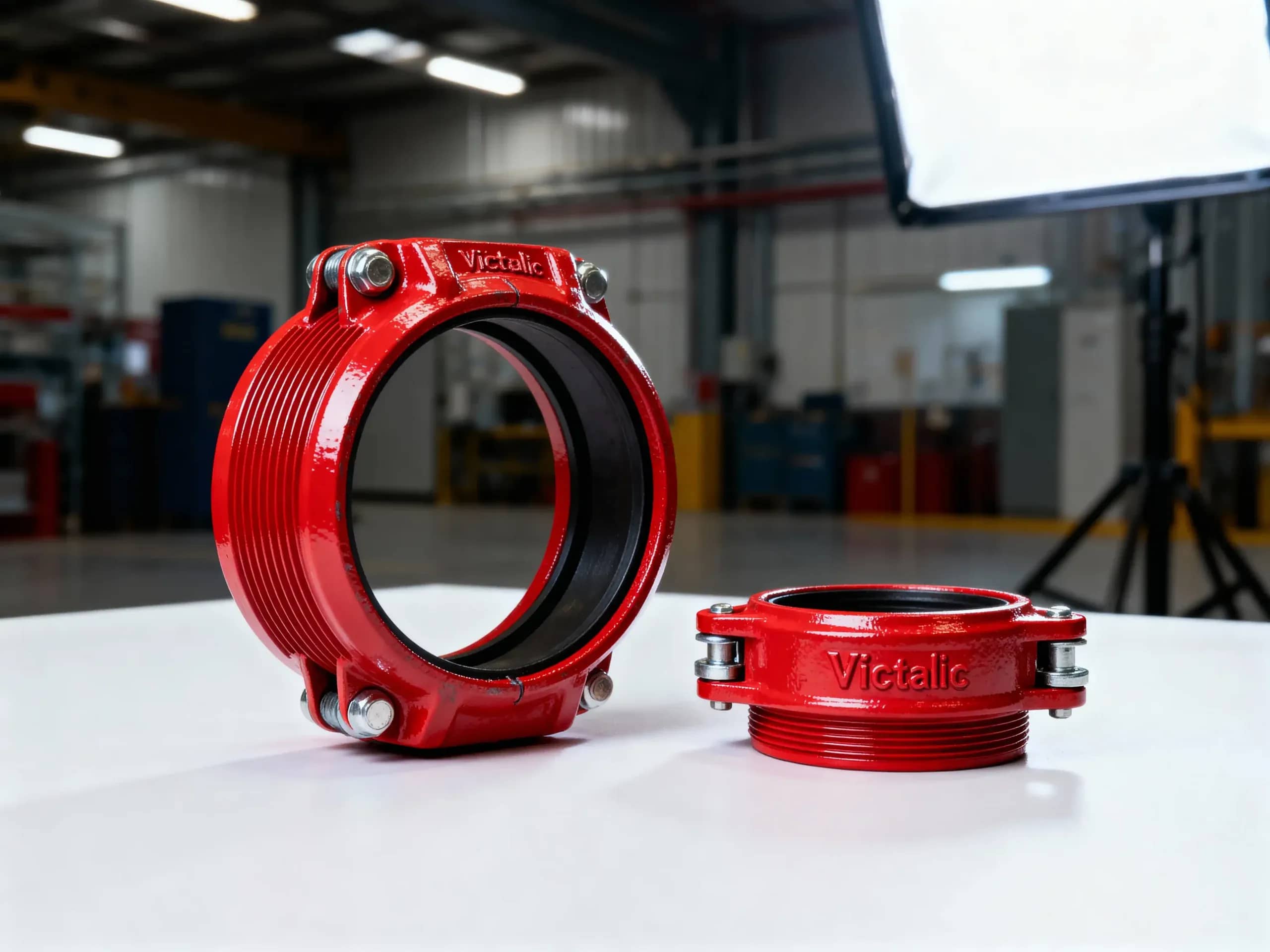 Grooved pipe fitting with red powder coating for fire protection systems