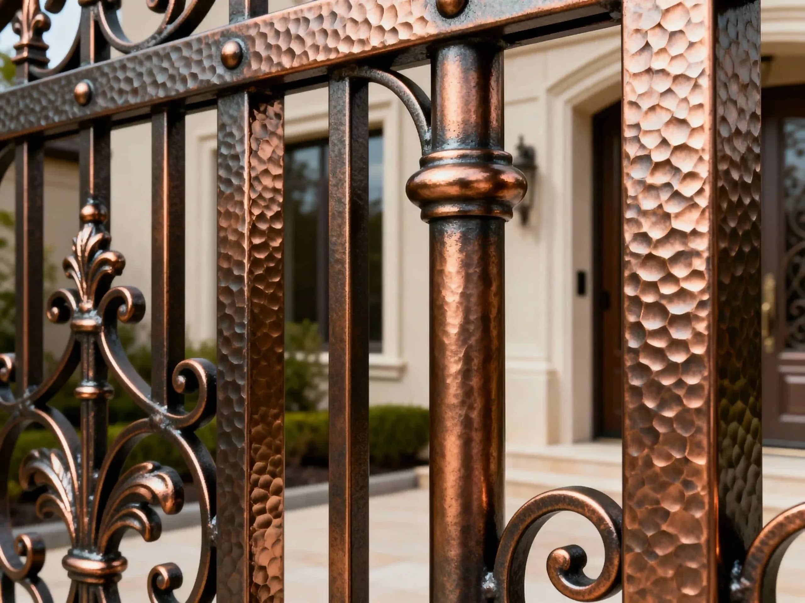 Decorative gate with metallic art powder coating featuring hammertone and wrinkle texture effects