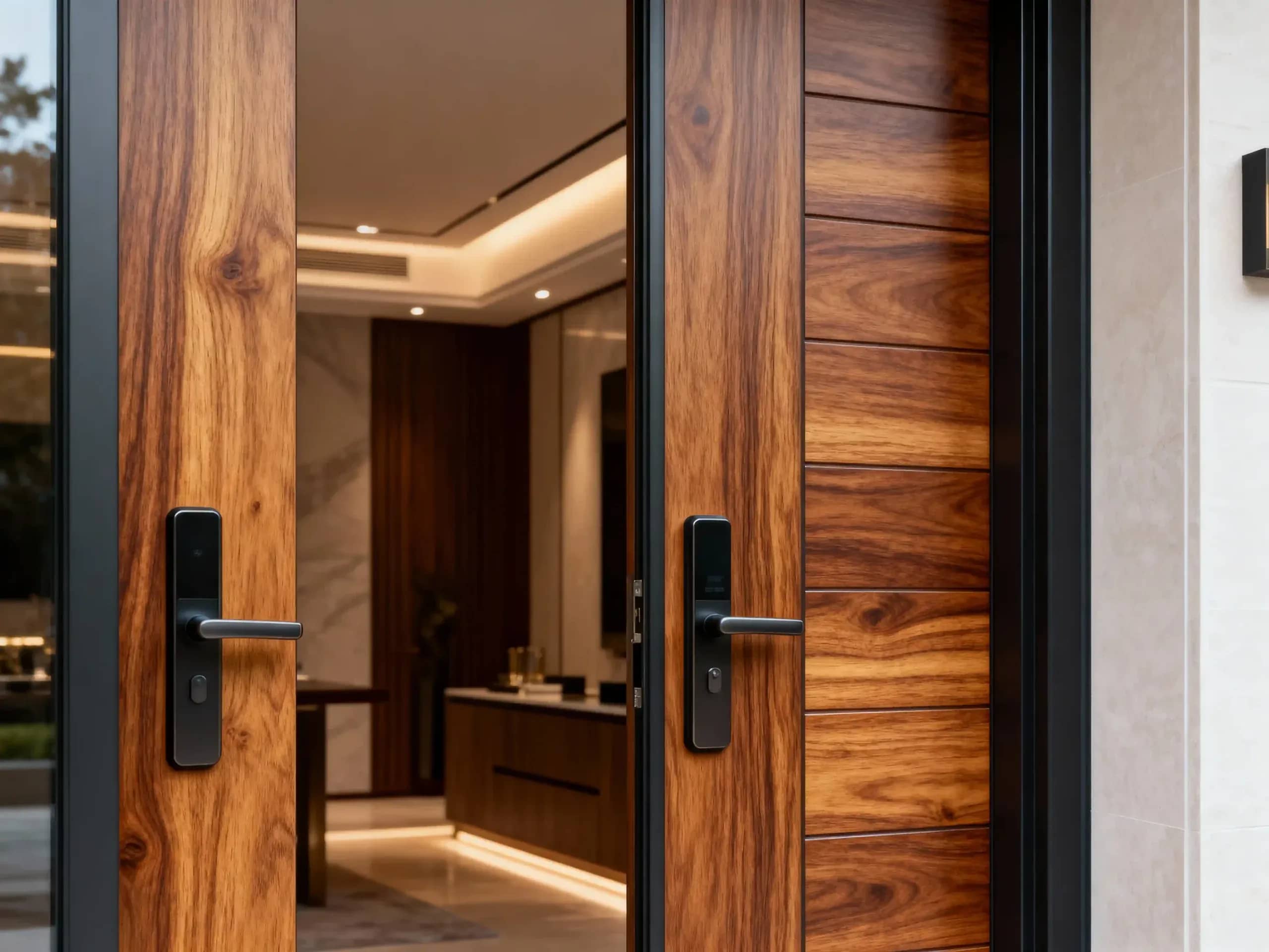 Aluminum door with realistic wood grain powder coating using sublimation transfer technology