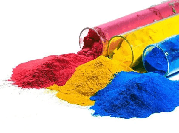 Eco-friendly powder coatings in vibrant red, yellow, and blue colors