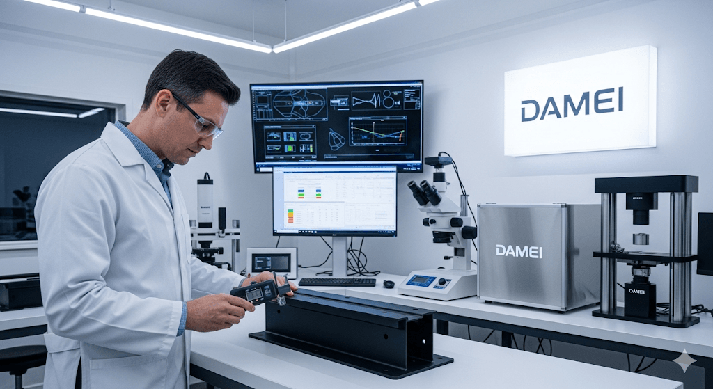 DAMEI technical expert in a laboratory conducting powder coating troubleshooting and quality inspection