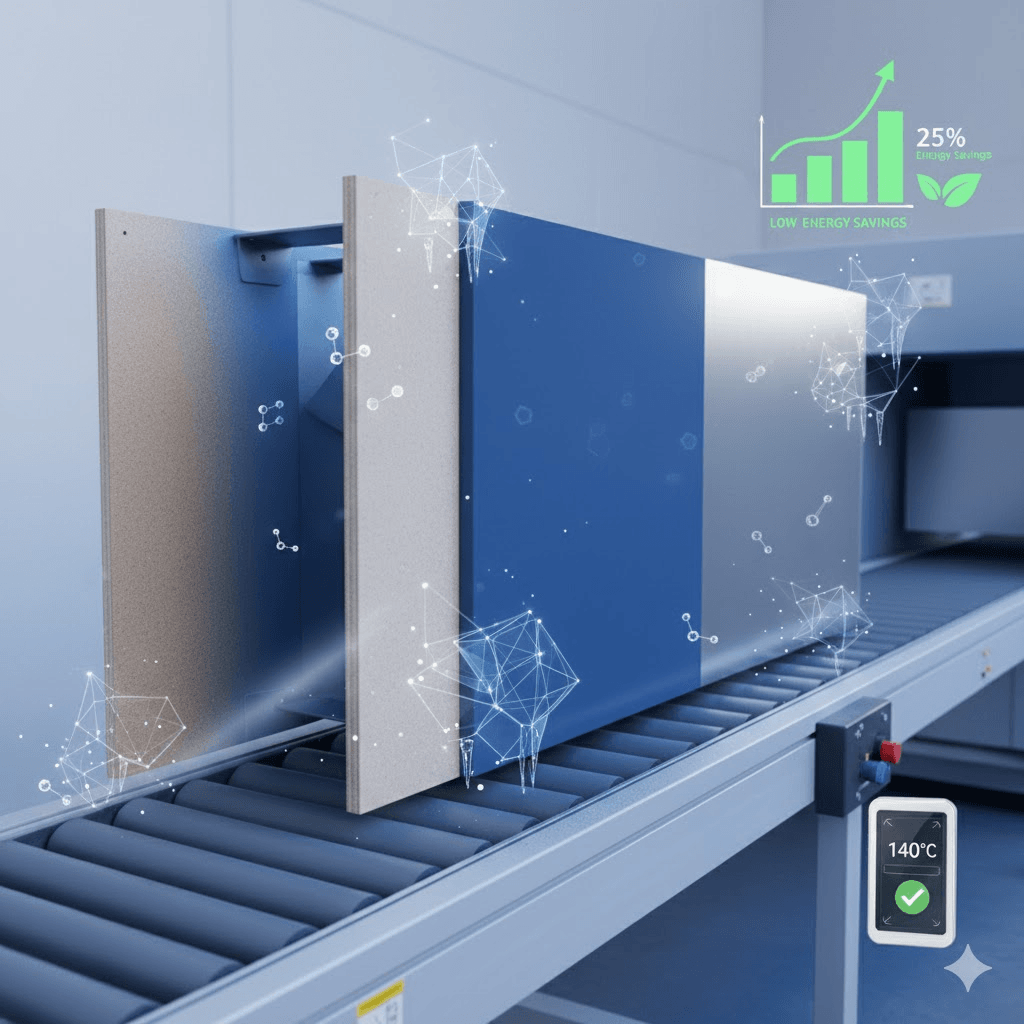 Robotic arm applying low temperature cure powder coating to MDF furniture